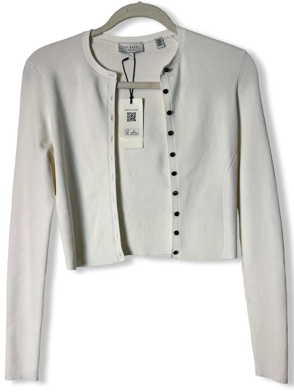 Ted Baker Camilda White Ribbed Cropped Cardigan NWT Long Sleeve Sz 1 XS